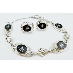 ACMO 14K GP Black Starburst Bracelet 9” and Screw Back Earrings Set Vintage